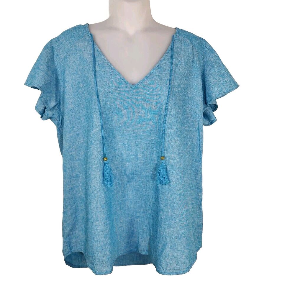 Harve Benard Womens Top Large Washable Linen Blue Tassels V Neck Short Sleeve